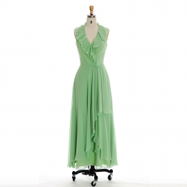 Edaydress halter ruffle bridesmaid dress light green chiffon gown asymmetric ruffle formal dress floor length wedding evening maxi dress