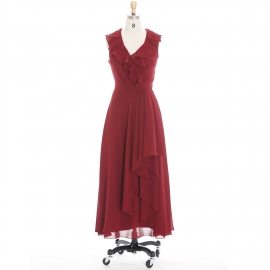 Edaydress ruffle v neck bridesmaid dress burgundy chiffon long gown cascading ruffle formal dress ruched back wedding evening dress