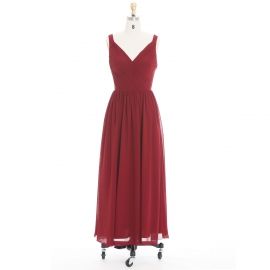 Edaydress double v neck bridesmaid dress burgundy chiffon maxi gown ruched bodice formal dress empire waist wedding evening dress