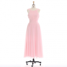 Edaydress halter neck bridesmaid dress blush pink chiffon maxi dress pleated bodice formal gown ruched waist wedding evening dress