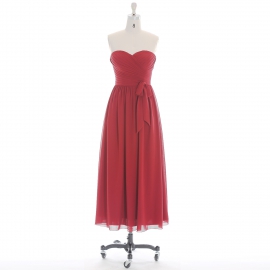 Edaydress strapless sweetheart bridesmaid dress burgundy chiffon midi dress cross ruched formal gown waist bow wedding evening dress