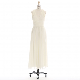 Edaydress sleeveless v-neck bridesmaid dress ivory chiffon maxi dress pleated bodice formal gown ruched waist wedding evening dress