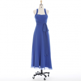 Edaydress halter neck bridesmaid dress royal blue chiffon maxi dress ruched waist with sash formal gown flowy a-line wedding evening dress