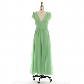 Edaydress flutter sleeve bridesmaid dress light green chiffon maxi dress wrap ruched formal gown double v neck wedding evening dress