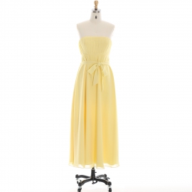 Edaydress strapless pleated bridesmaid dress pale yellow chiffon maxi dress waist bow sash formal gown flowy a-line wedding evening dress