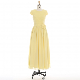 Edaydress round neck cap sleeve bridesmaid dress pale yellow chiffon maxi dress waist bow sash formal gown double-layer skirt wedding evening dress