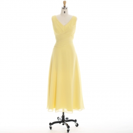 Edaydress v-neck cross ruched bridesmaid dress pale yellow chiffon midi dress a-line formal evening gown sleeveless wedding guest dress