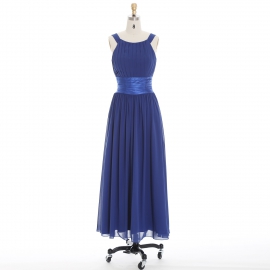 Edaydress scoop neck pleated bridesmaid dress royal blue chiffon maxi dress satin ruched waist formal gown flowy a-line wedding evening dress