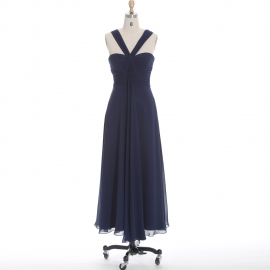 Edaydress halter strap cross ruched bridesmaid dress navy blue chiffon maxi dress flowy a-line formal gown sleeveless wedding evening dress