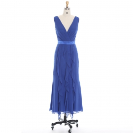 Edaydress v-neck cascading ruffle bridesmaid dress royal blue chiffon maxi dress satin waistband formal gown sleeveless wedding evening dress
