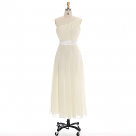 Edaydress one-shoulder pleated bridesmaid dress ivory chiffon maxi dress satin waistband formal gown flowy a-line wedding evening dress