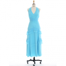 Edaydress halter neck tiered bridesmaid dress sky blue chiffon maxi dress ruched waist formal gown ruffle skirt wedding evening dress
