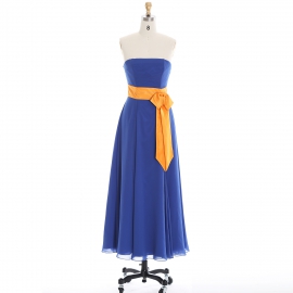 Edaydress strapless contrast sash bridesmaid dress royal blue chiffon maxi dress orange satin bow formal gown flowy a-line wedding evening dress