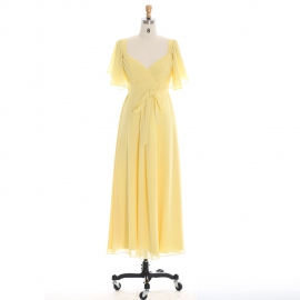Edaydress flutter sleeve v-neck bridesmaid dress pale yellow chiffon maxi dress sash with bow formal gown flowy a-line wedding evening dress