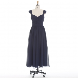 Edaydress cap sleeve sweetheart knot front bridesmaid dress navy blue chiffon maxi dress flowy a-line formal gown wedding evening dress