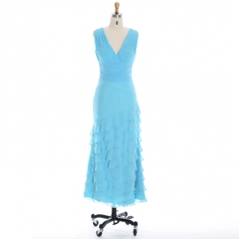 Edaydress v-neck tiered ruffle bridesmaid dress sky blue chiffon maxi dress ruched waist formal gown asymmetric skirt wedding evening dress