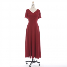 Edaydress v-neck flutter sleeve bridesmaid dress burgundy chiffon maxi dress pleated bodice formal gown flowy a-line wedding evening dress