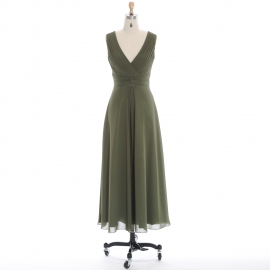 Edaydress v-neck pleated bodice bridesmaid dress olive green chiffon midi dress flowy a-line formal gown wedding evening dress