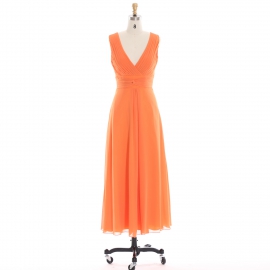 Edaydress v-neck pleated bodice bridesmaid dress orange chiffon midi dress flowy a-line formal gown wedding evening dress