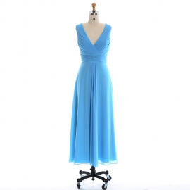 Edaydress v-neck pleated bodice bridesmaid dress sky blue chiffon maxi dress flowy a-line formal gown wedding evening dress