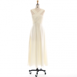 Edaydress cross-over halter pleated bridesmaid dress cream chiffon maxi dress flowy a-line formal gown wedding evening dress