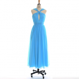 Edaydress keyhole halter pleated bridesmaid dress sky blue chiffon maxi dress flowy a-line formal gown wedding evening dress