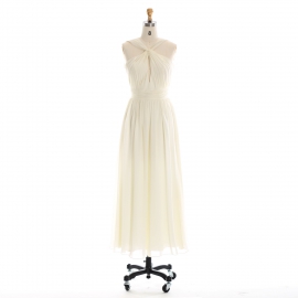 Edaydress keyhole halter pleated bridesmaid dress cream chiffon maxi dress flowy a-line formal gown wedding evening dress