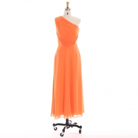 Edaydress one-shoulder diagonal ruched bridesmaid dress orange chiffon maxi dress flowy a-line formal gown wedding evening dress