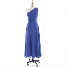 Edaydress one-shoulder diagonal pleated bridesmaid dress royal blue chiffon maxi dress flowy a-line formal gown wedding evening dress