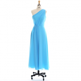 Edaydress one-shoulder diagonal pleated bridesmaid dress sky blue chiffon maxi dress flowy a-line formal gown wedding evening dress