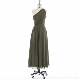 Edaydress one-shoulder diagonal pleated bridesmaid dress olive green chiffon maxi dress flowy a-line formal gown wedding evening dress