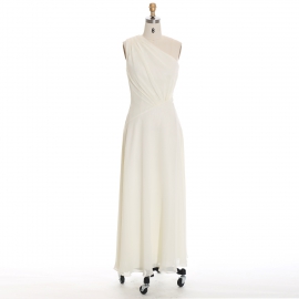 Edaydress one shoulder draped bridesmaid dress cream chiffon maxi gown asymmetrical ruched flowy a-line formal dress minimalist neutral wedding 