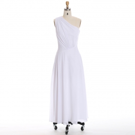 Edaydress one shoulder draped bridesmaid dress white chiffon maxi gown asymmetrical ruched flowy a-line formal dress minimalist beach wedding guest