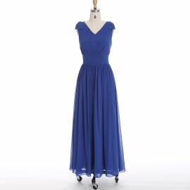 Edaydress bow shoulder v neck bridesmaid dress royal blue chiffon maxi gown ruched waist pleated a-line formal dress dark tone black tie wedding 
