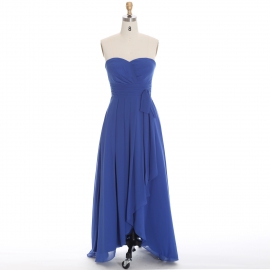 Edaydress strapless sweetheart bridesmaid dress royal blue chiffon maxi gown ruched waist side sash asymmetrical skirt formal dress dark tone 