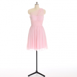 Edaydress blush pink one shoulder chiffon short bridesmaid dress ruched waist flared mini a-line formal evening gown