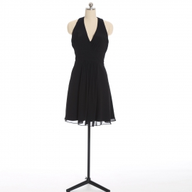 Edaydress black halter deep v-neck chiffon short bridesmaid dress ruched empire waist flared mini a-line formal evening gown