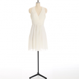 Edaydress cream halter deep v-neck chiffon short bridesmaid dress ruched empire waist flared mini a-line formal evening gown