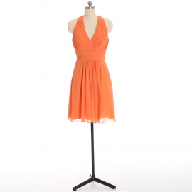 Edaydress tangerine halter deep v-neck chiffon short bridesmaid dress ruched empire waist flared mini a-line formal evening gown