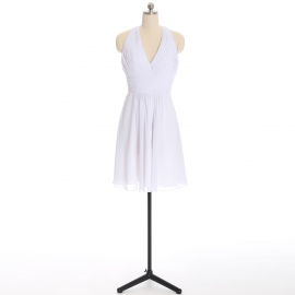 Edaydress white halter deep v-neck chiffon short bridesmaid dress ruched empire waist flared mini a-line formal evening gown
