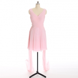 Edaydress blush pink sleeveless v-neck chiffon short bridesmaid dress cross ruched bodice long flowing side sash a-line mini formal gown