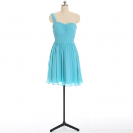 Edaydress turquoise one shoulder ruched chiffon short bridesmaid dress sweetheart cross bodice flared mini a-line formal evening gown