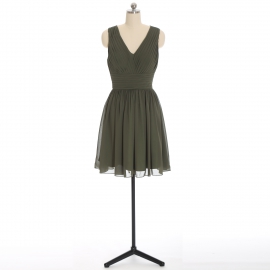 Edaydress olive green crisscross v back v neck chiffon short bridesmaid dress all over pleated bodice ruched waist flared mini a-line formal gown