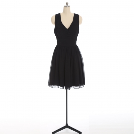 Edaydress black crisscross v-back deep v-neck chiffon short bridesmaid dress pleated bodice ruched waist flared mini a-line formal gown