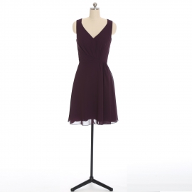 Edaydress plum sleeveless v-neck chiffon short bridesmaid dress side twist ruched waist draped flared mini a-line formal gown