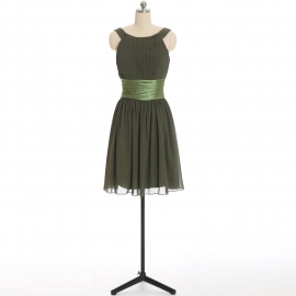 Edaydress olive green wide strap chiffon short bridesmaid dress vertical pleated bodice contrast satin waistband flared a-line mini evening gown