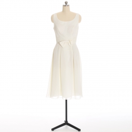Edaydress cream sleeveless scoop neck midi chiffon bridesmaid dress ruched waist with front bow v-back a-line formal gown