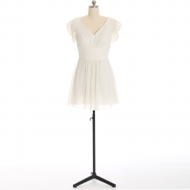 Edaydress cream flutter sleeve deep v chiffon short bridesmaid dress empire waist tie back mini a-line formal evening gown