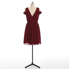 Edaydress burgundy off shoulder deep v chiffon short bridesmaid dress all over pleated bodice flared mini a-line formal evening gown