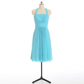 Edaydress turquoise halter square neck chiffon midi bridesmaid dress gathered bust flared a-line knee-length formal gown